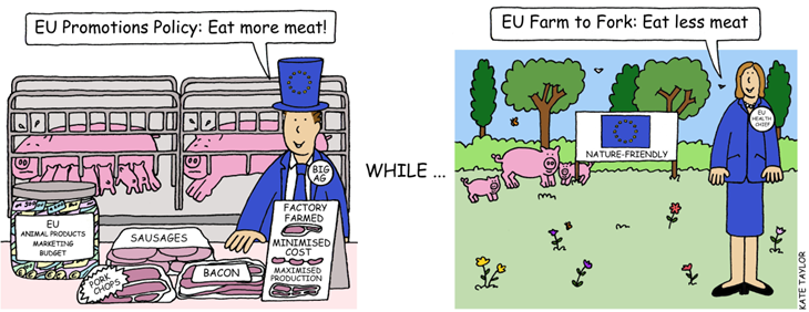 Politica UE sulle campagne pubblicitarie: Mangia più carne! Strategia UE Farm to Fork: Mangia meno carne! Artista: Kate Taylor